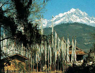 Buddhist monastery surrounded by prayer flags.