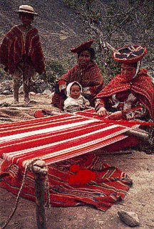 Weavers working on traditional backstrap looms.